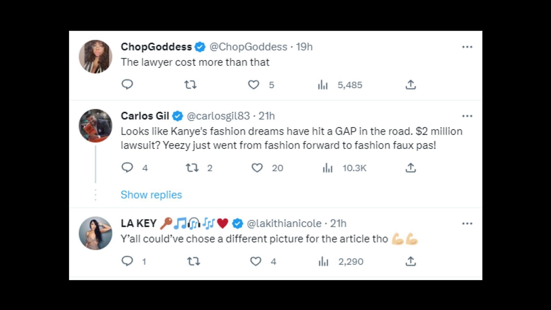 Netizens reacted to the lawsuit against Ye by Gap (Image via DailyLoud/Twitter)